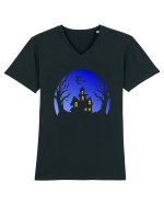 Halloween Blue Moon Scary House Tricou mânecă scurtă guler V Bărbat Presenter