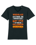 When black cats prowl and pumpkins gleam, may luck be yours on Halloween Tricou mânecă scurtă guler V Bărbat Presenter