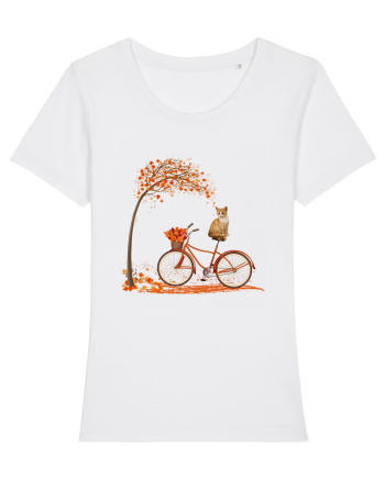 Retro Bicycle Cat Autumn Leaves Fall Thanksgiving White
