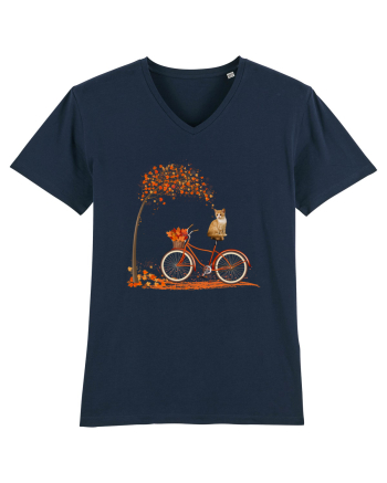 Retro Bicycle Cat Autumn Leaves Fall Thanksgiving French Navy