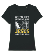 When life knocks me down Jesus picks me up Tricou mânecă scurtă guler larg fitted Damă Expresser