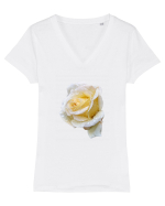 Trandafir romantic alb dupa ploaie Tricou mânecă scurtă guler V Damă Evoker