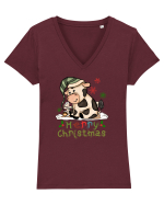 Vacă drăguță Merry Christmas HO HO HO Tricou mânecă scurtă guler V Damă Evoker