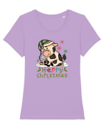 Vacă drăguță Merry Christmas HO HO HO Tricou mânecă scurtă guler larg fitted Damă Expresser