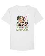 Vacă drăguță Merry Christmas HO HO HO Tricou mânecă scurtă guler larg Bărbat Skater