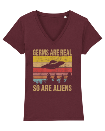 Germs Are Real So Are Aliens Retro Distressed Sunset Alien UFO Burgundy