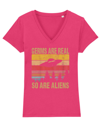 Germs Are Real So Are Aliens Retro Distressed Sunset Alien UFO Raspberry