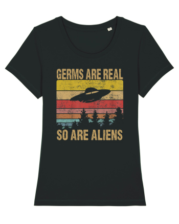 Germs Are Real So Are Aliens Retro Distressed Sunset Alien UFO Black