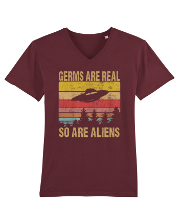 Germs Are Real So Are Aliens Retro Distressed Sunset Alien UFO Burgundy