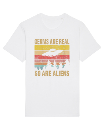 Germs Are Real So Are Aliens Retro Distressed Sunset Alien UFO White