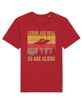Germs Are Real So Are Aliens Retro Distressed Sunset Alien UFO Red