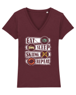 Sporturi de iarnă - Eat sleep skiing repeat Tricou mânecă scurtă guler V Damă Evoker