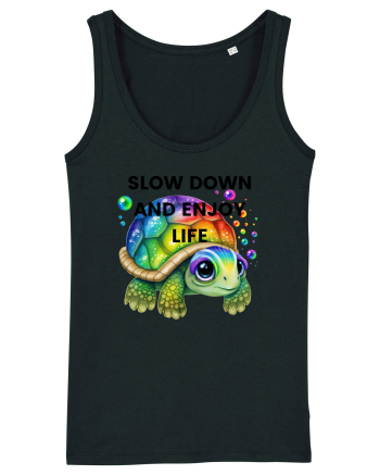 Broasca testoasa pictata in acuarela cu mesajul  Slow Down and Enjoy Life Black