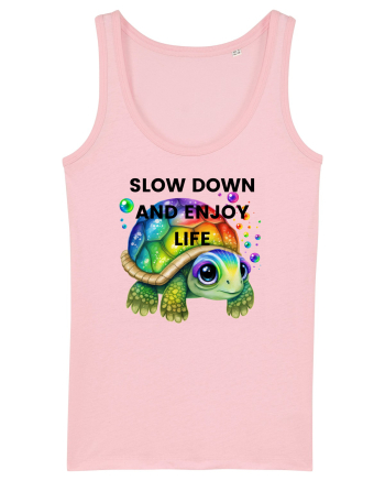 Broasca testoasa pictata in acuarela cu mesajul  Slow Down and Enjoy Life Cotton Pink