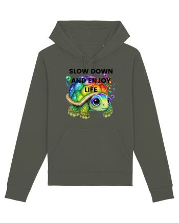 Broasca testoasa pictata in acuarela cu mesajul  Slow Down and Enjoy Life Khaki