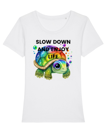 Broasca testoasa pictata in acuarela cu mesajul  Slow Down and Enjoy Life White