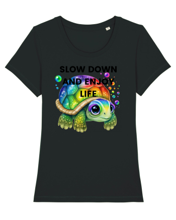 Broasca testoasa pictata in acuarela cu mesajul  Slow Down and Enjoy Life Black
