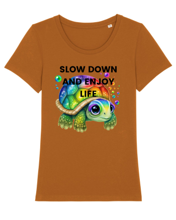 Broasca testoasa pictata in acuarela cu mesajul  Slow Down and Enjoy Life Roasted Orange