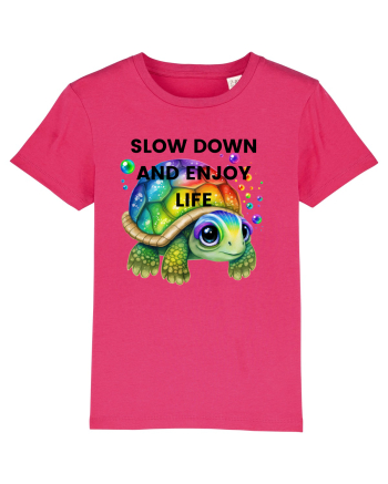 Broasca testoasa pictata in acuarela cu mesajul  Slow Down and Enjoy Life Raspberry