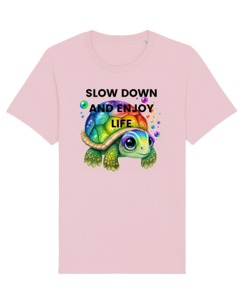 Broasca testoasa pictata in acuarela cu mesajul  Slow Down and Enjoy Life Cotton Pink