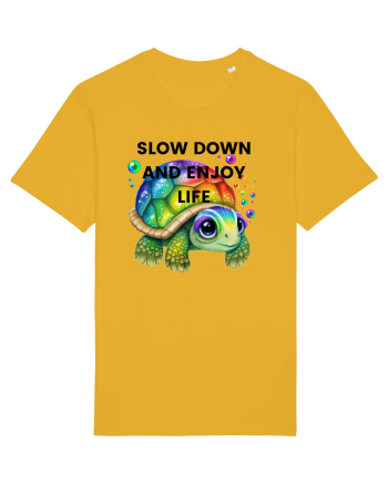 Broasca testoasa pictata in acuarela cu mesajul  Slow Down and Enjoy Life Spectra Yellow