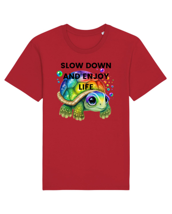 Broasca testoasa pictata in acuarela cu mesajul  Slow Down and Enjoy Life Red
