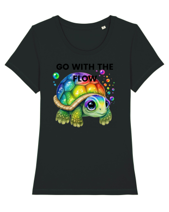 Broasca testoasa pictata in acuarela cu mesajul  Go with the Flow Black