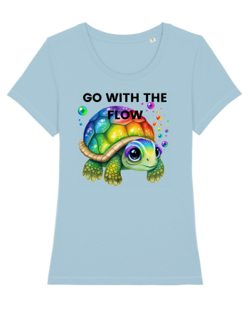 Broasca testoasa pictata in acuarela cu mesajul  Go with the Flow Sky Blue