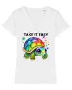 Broasca testoasa pictata in acuarela cu mesajul  Take it Easy Tricou mânecă scurtă guler V Damă Evoker