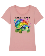 Broasca testoasa pictata in acuarela cu mesajul  Take it Easy Tricou mânecă scurtă guler larg fitted Damă Expresser