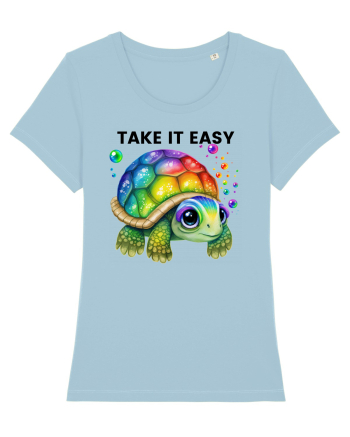Broasca testoasa pictata in acuarela cu mesajul  Take it Easy Sky Blue