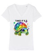 Broasca testoasa pictata in acuarela cu mesajul  Take it E.Z. Tricou mânecă scurtă guler V Damă Evoker