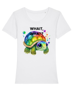 Broasca testoasa pictata in acuarela cu mesajul Wait, What? Tricou mânecă scurtă guler larg fitted Damă Expresser