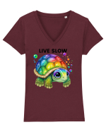 Broasca testoasa pictata in acuarela cu mesajul Live Slow Tricou mânecă scurtă guler V Damă Evoker