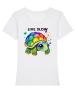 Broasca testoasa pictata in acuarela cu mesajul Live Slow Tricou mânecă scurtă guler larg fitted Damă Expresser