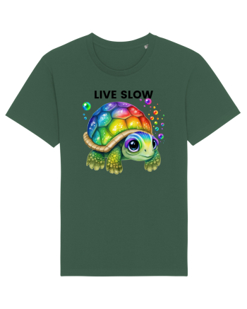 Broasca testoasa pictata in acuarela cu mesajul Live Slow Bottle Green