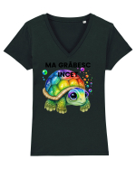 Broasca testoasa pictata in acuarela cu mesajul Ma grabesc Incet Tricou mânecă scurtă guler V Damă Evoker