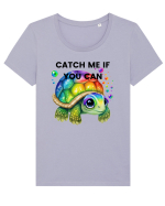 Broasca testoasa pictata in acuarela cu mesajul Catch Me If You Can Tricou mânecă scurtă guler larg fitted Damă Expresser
