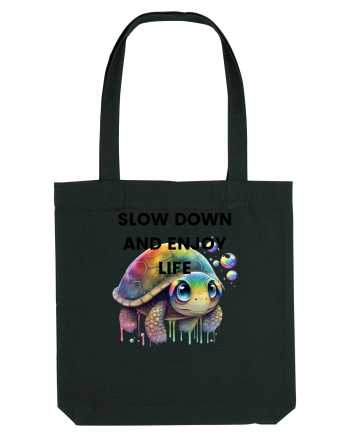 Broasca testoasa pictata in acuarela cu mesajul  Slow Down and Enjoy Life Black