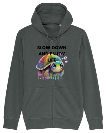 Broasca testoasa pictata in acuarela cu mesajul  Slow Down and Enjoy Life Anthracite