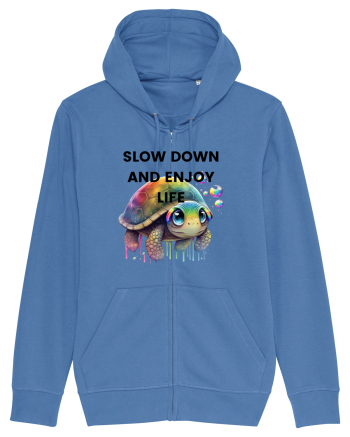 Broasca testoasa pictata in acuarela cu mesajul  Slow Down and Enjoy Life Bright Blue