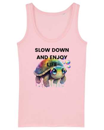 Broasca testoasa pictata in acuarela cu mesajul  Slow Down and Enjoy Life Cotton Pink