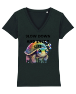 Broasca testoasa pictata in acuarela cu mesajul  Slow Down and Enjoy Life Tricou mânecă scurtă guler V Damă Evoker