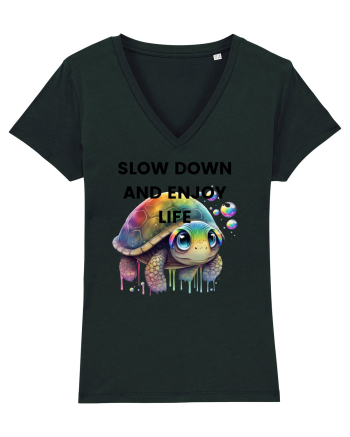 Broasca testoasa pictata in acuarela cu mesajul  Slow Down and Enjoy Life Black