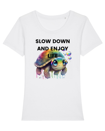 Broasca testoasa pictata in acuarela cu mesajul  Slow Down and Enjoy Life White