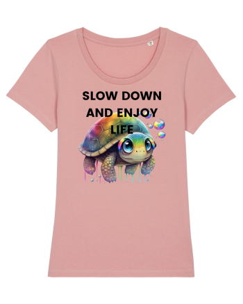 Broasca testoasa pictata in acuarela cu mesajul  Slow Down and Enjoy Life Canyon Pink