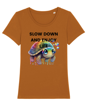 Broasca testoasa pictata in acuarela cu mesajul  Slow Down and Enjoy Life Roasted Orange