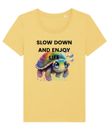Broasca testoasa pictata in acuarela cu mesajul  Slow Down and Enjoy Life Jojoba