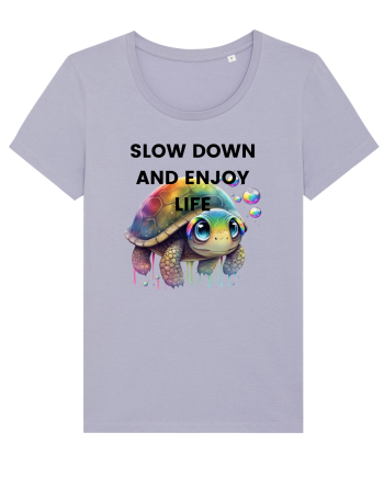 Broasca testoasa pictata in acuarela cu mesajul  Slow Down and Enjoy Life Lavender