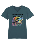 Broasca testoasa pictata in acuarela cu mesajul  Slow Down and Enjoy Life Tricou mânecă scurtă guler V Bărbat Presenter
